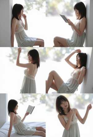 白いナイトガウンを着てベッドに座って本を読んでいる若い女性をフィーチャーした、9 枚...。