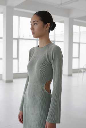 大きな窓のある誰もいない部屋に、カットアウトのディテールが施されたライトグレーのリブ...。