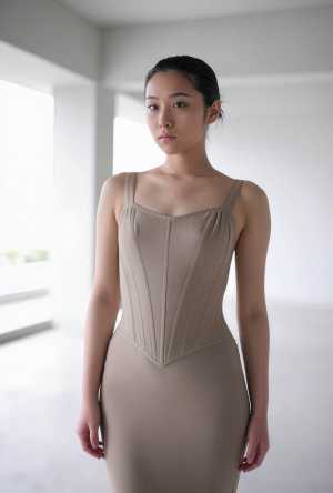 大きな窓のある誰もいない部屋に、体にぴったりとフィットしたベージュのドレスを着た若い...。