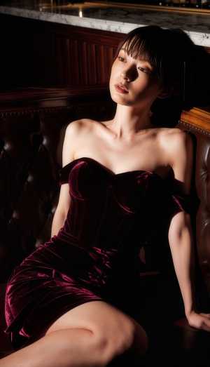 薄暗い部屋で革製のソファに座っているベルベットのドレスを着た女性を横から撮った写実的な写真。