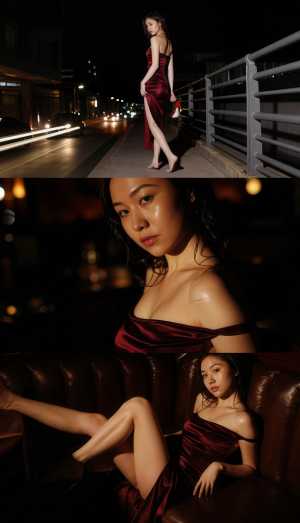 赤いサテンのドレスを着た女性が夜の街路で自信を持ってポーズをとる、3 枚の写真のコラ...。