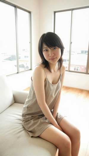 大きな窓のある明るい部屋のソファに座っている若い女性を正面から写実的に撮影したもの。