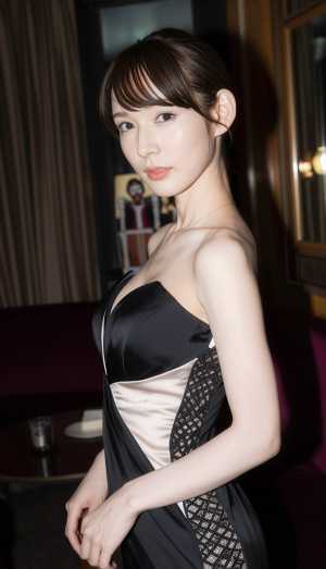 薄暗い部屋で自信を持ってポーズをとるフォーマルな服装をした若い女性を、ポートレート ...。