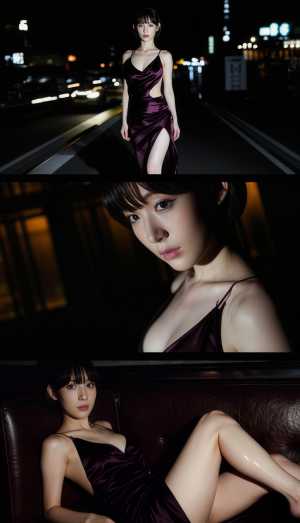 紫色のサテンのドレスを着た若い女性が夜の高速道路で自信を持ってポーズをとる、3 枚の...。