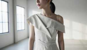 大きな窓のある空の部屋に白いドレスを着た女性が立っている様子を、横顔カメラのアングル...。