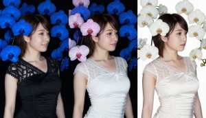 レースのトリムが付いた黒いドレスを着て画像の中央に立つ若い女性を 3 つの異なる角度...。