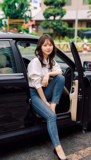 白いブラウスとブルー ジーンズを着て黒い車の運転席に座っている若い女性を横から撮った...。