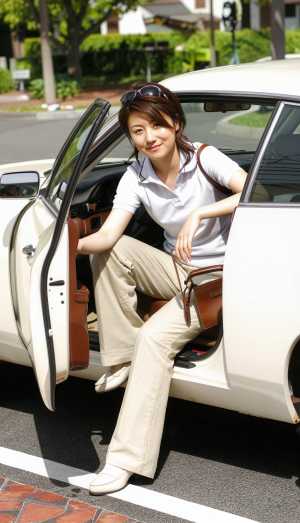白いポロシャツとベージュのパンツを着て、頭にサングラスをかけ、白い車の運転席に座って...。