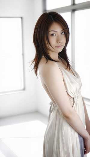 大きな窓のある明るい部屋に立つ白いドレスを着た若い女性を横顔カメラのアングルから写実...。