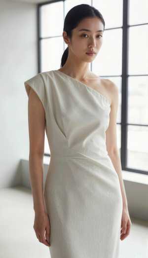 大きな窓のある誰もいない部屋に、白いワンショルダーのドレスを着て自信を持って立ってい...。