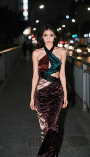 街灯に照らされた夜の橋の上を歩く豪華なドレスを着た女性を正面カメラのアングルから写実...。