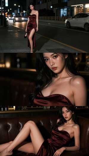 夜の薄暗い街路で、豪華な赤いサテンのドレスを着た女性が茶色の革張りのソファに座ってい...。