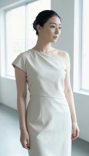 大きな窓のある空の部屋に白いドレスを着た若い女性が立っている様子を、横顔カメラのアン...。