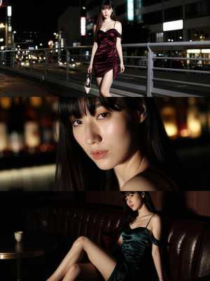 夜の洗練された衣装を着た若い女性をフィーチャーした 3 枚の写真のコラージュから作ら...。