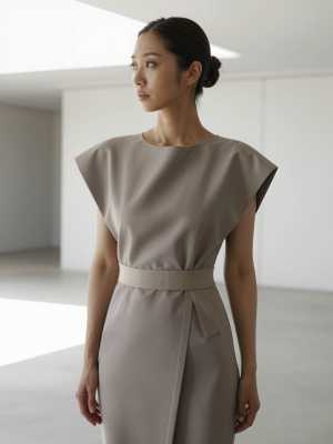 ミニマルな装飾が施された誰もいない部屋にフォーマルなドレスを着た女性が立っている様子...。