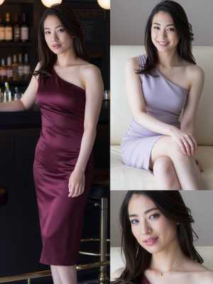 スタイリッシュなワンショルダーのドレスを着てバーでポーズをとる女性を正面から撮影した...。