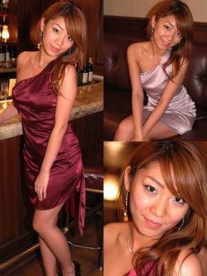 薄暗いバーの中でポーズをとる若い女性をフィーチャーした4枚の写真のコラージュ。