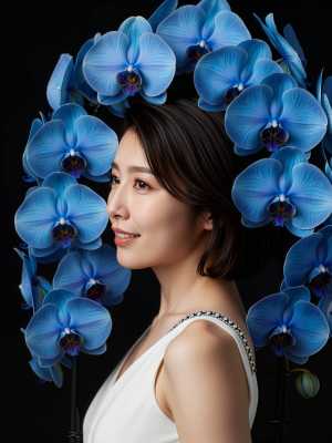 青い蘭の花に囲まれた若い女性のポートレートを横顔カメラのアングルから撮影した写実的な...。