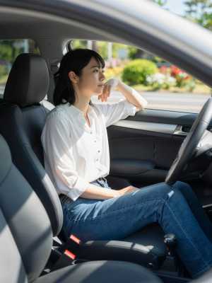 白いブラウスとブルー ジーンズを着て、現代の車の運転席に座り、思慮深い表情をしている...。