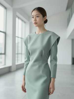 大きな窓のある空の部屋に立つ、薄緑色のドレスを着た若い女性を正面カメラのアングルから...。