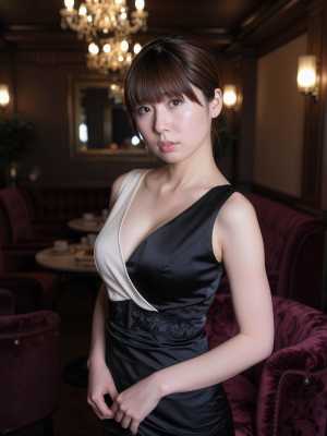 洗練された雰囲気の中で、黒と白のノースリーブのドレスを着た若い女性をポートレート カ...。