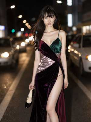 豪華なイブニングドレスを着て、黒いハイヒールを持って夜の街に佇む女性を、全身カメラア...。