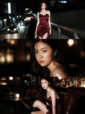 薄暗いバーの中で赤いサテンのドレスを着てポーズをとる若い女性を、コラージュの角度から...。