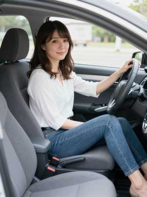 現代の車の運転席に座り、ハンドルを握りながら自信に満ちた笑みを浮かべている若い女性を...。