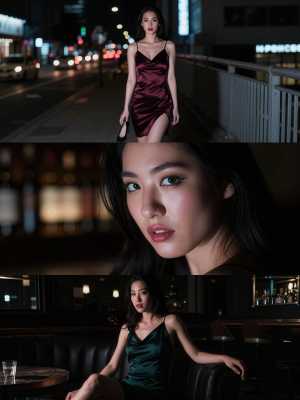 夜の薄暗い都会の環境で若い女性をフィーチャーした 3 枚の写真のコラージュからの写実...。