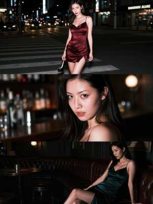 夜の街路で魅惑的なポーズをとる女性をフィーチャーした 3 枚の写真のコラージュから写...。