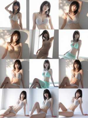 さまざまなポーズの若い女性をフィーチャーした 9 枚の写真のコラージュから作られた写...。