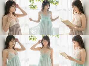 明るい色のナイトガウンを着た若い女性が窓の前でさまざまなポーズを取り、開いた本を持っ...。