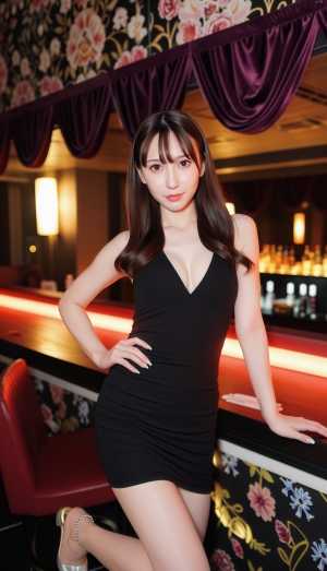 花柄の壁紙と薄暗い照明を備えた豪華なバーの環境で、自信を持ってポーズをとる若い女性を...。