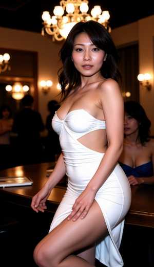 薄暗いバーの中で自信を持ってポーズをとる白いドレスを着た若い女性を横から撮った写実的な写真。