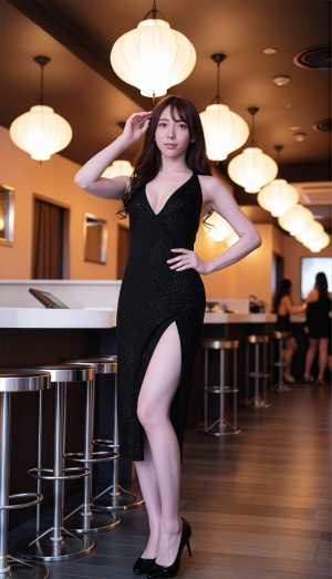 レストランの店内で、スリットの入った黒いドレスを着て、画像の中央に立って自信を持って...。