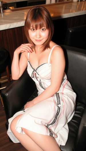 モダンなカフェの雰囲気で黒い革張りの椅子に座り、黒い縁取りが付いた白いナイトガウンを...。