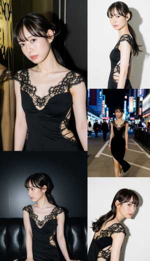 スタジオ設定でさまざまな角度から撮影された、黒いレースのドレスを着た若いアジア人女性...。