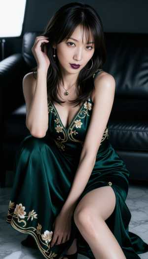 ゴールドの花柄の刺繍が施された豪華な緑色のドレスを着た女性が、洗練されたリビング ル...。