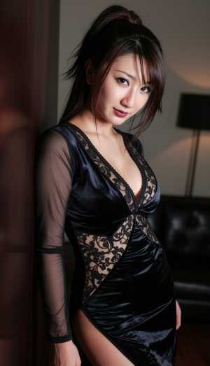 薄暗い部屋で壁にもたれかかるダークベルベットのドレスを着た女性を、ポートレートカメラ...。