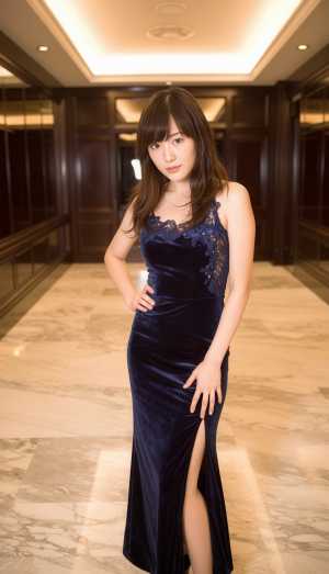 レースのディテールが施されたネイビー ブルーのベルベットのドレスを着て、豪華なインテ...。