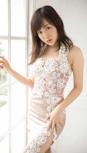 窓辺で白いレースのドレスを着てポーズをとる若い女性を横から撮った写実的な写真。