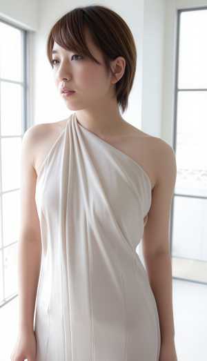 大きな窓の前に立つ白いワンショルダードレスを着た若い女性を横顔カメラのアングルから写...。