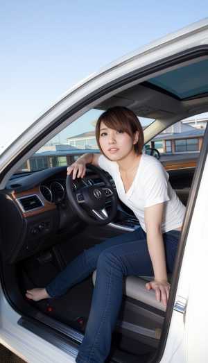 現代の車の運転席に座り、中立的な表情でカメラをまっすぐ見つめている若い女性を横から撮...。