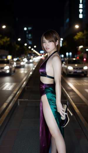 夜の街路で、露出の高い紫と緑のスリットの入ったドレスを着て画像の中央に立って自信を持...。