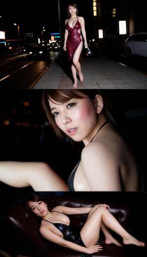 夜の街路で、露出度の高いタイトな赤いドレスを着て自信を持ってポーズをとる若い女性をフ...。