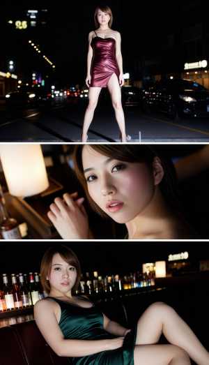 夜の薄暗い街路で、絹のような赤い短いドレスを着てポーズをとる若い女性を、トップダウン...。