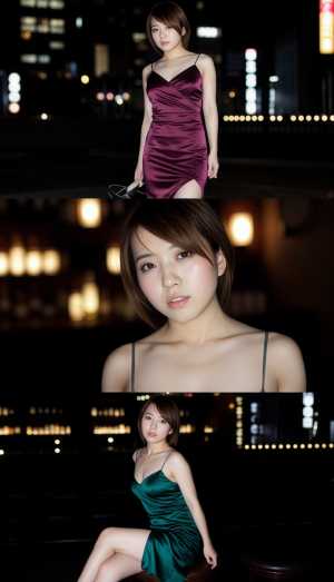 夜の薄暗い街並みの中で、絹のような紫色の短いドレスを着てポーズをとる若い女性を正面カ...。