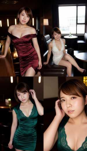 薄暗いレストランでポーズをとる若いアジア人女性をフィーチャーした、6 枚の写真のコラ...。