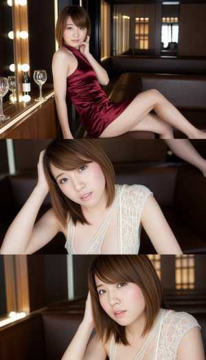 赤いサテンのドレスと白いレースのトップを着て、豪華な室内環境でポーズをとる若い女性を...。