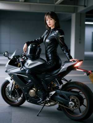 薄暗い駐車場で、洗練された黒の革服を着た若い女性がバイクに座っている様子を横から撮影...。